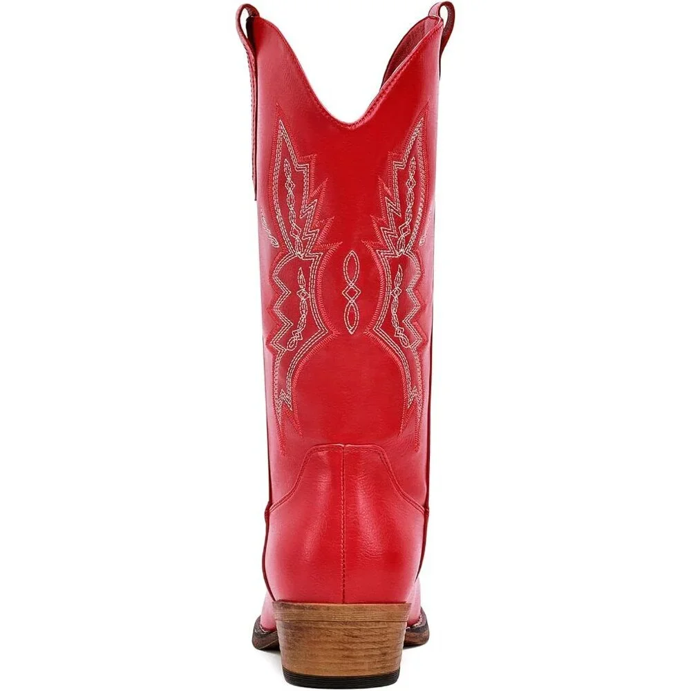 Women's Red Western Boots Cowgirl Boots Pull On Pointy Toe Mid Calf Boots